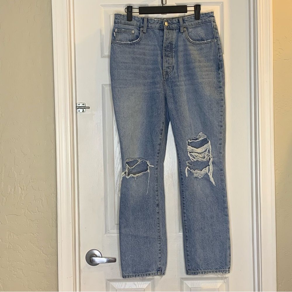 Lovers + Friends Reece High Rise Rigid Slim Straight Jeans Size 29 Distressed - Picture 11 of 12